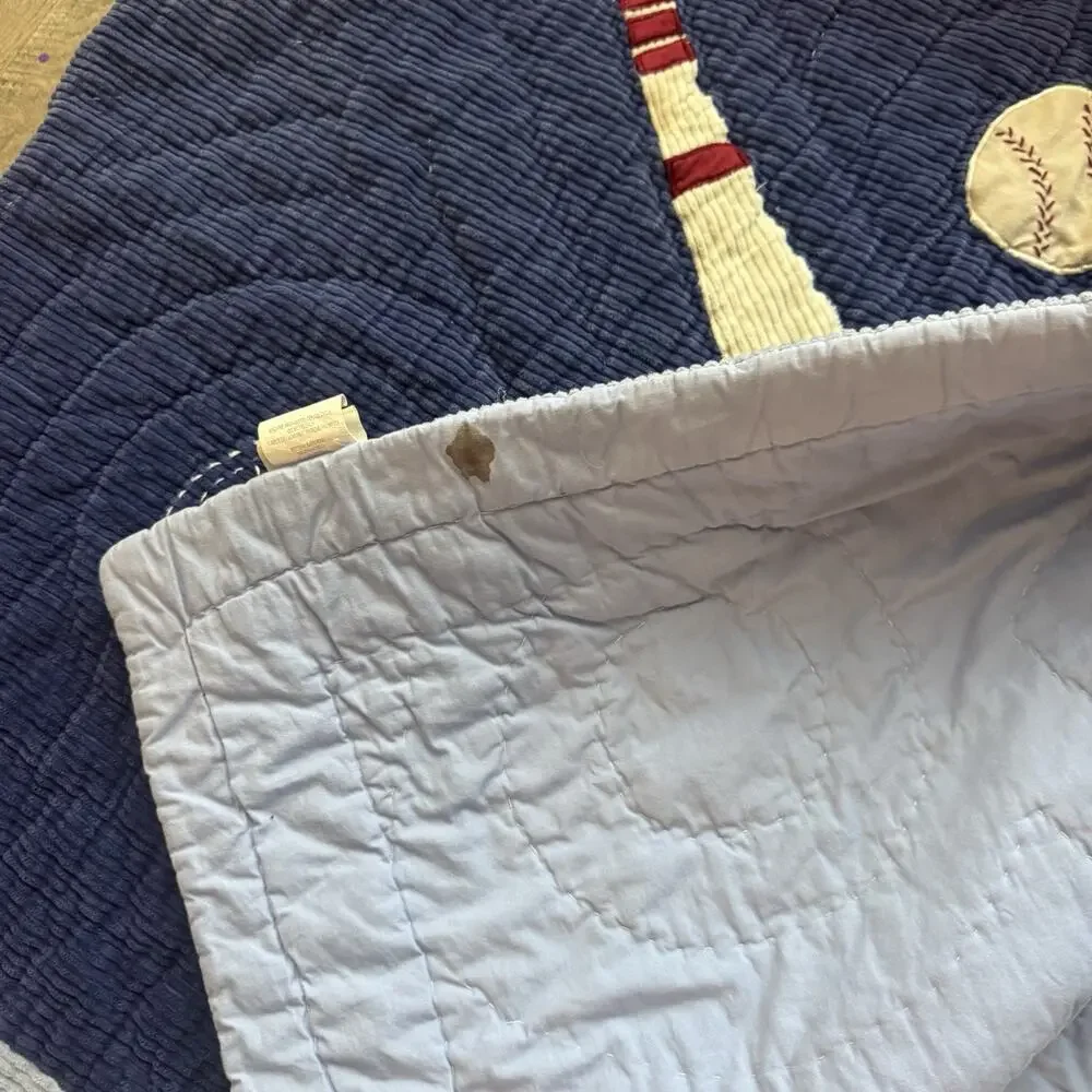 Full Pottery Barn Kids Baseball Field Cotton Corduroy Quilt Home Run Appliqué